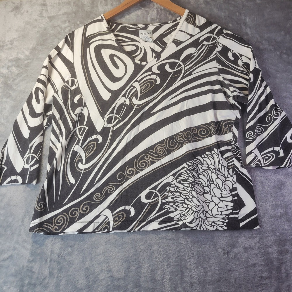 Chicos Womens 3‎ XL 16 Black White Abstract Stretch ElbowSleeve Top ClosetStaple